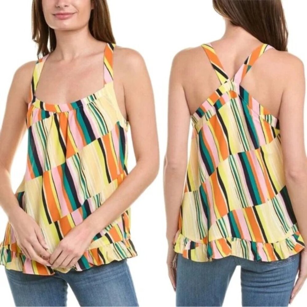 Cabi Colorful Broken Stripe Ruffle Hem Flowy Skip Halter Tunic Top Large